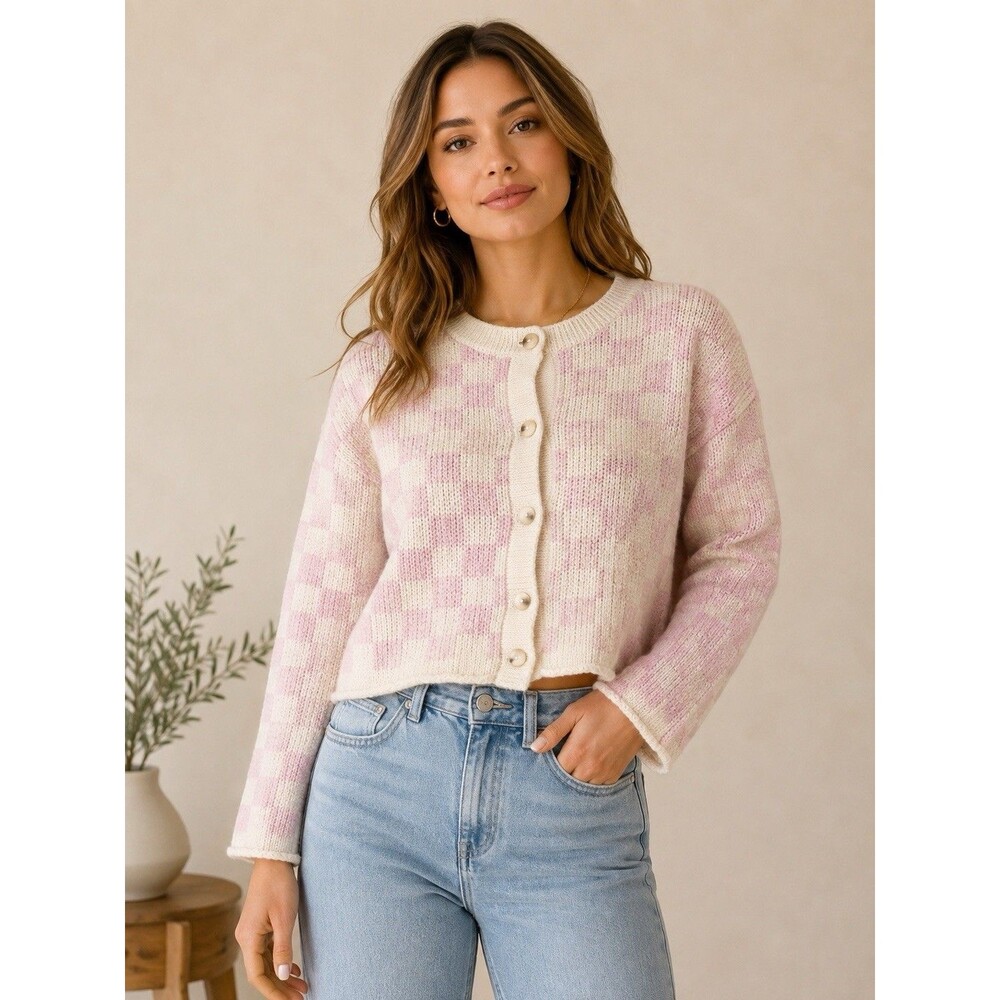 Sofie The Label Pink Ivory Checkerboard Plaid Knit Cardigan Crop Sweater Medium